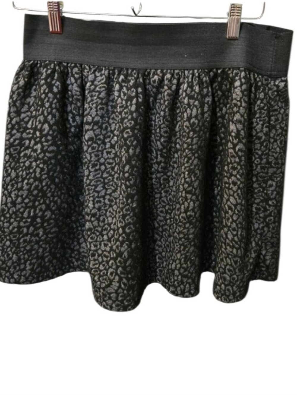 Stooshy Black Metallic Leopard Print Skater Skirt Size L Stretch Waist